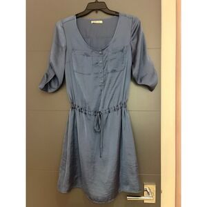 Old Navy Womens Blue Satin Utility Shirt Dress Size M Drawstring Waist Roll Tab